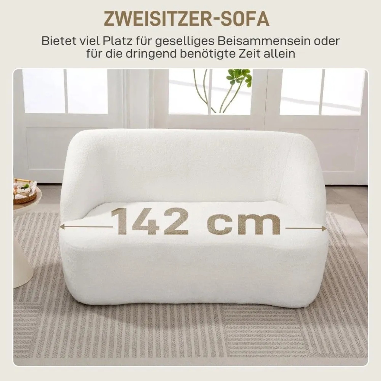 Cremeweißes HOMCOM 2-Sitzer Sofa, 142 cm breit, mit modernem geschwungenem Design und Vlies-Optik für Wohnzimmer.