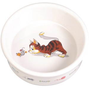Weißer Trixie Keramiknapf (ø 12cm, 0,2l) mit Katzenmotiv. Ideal als Katzennapf oder Trinknapf.