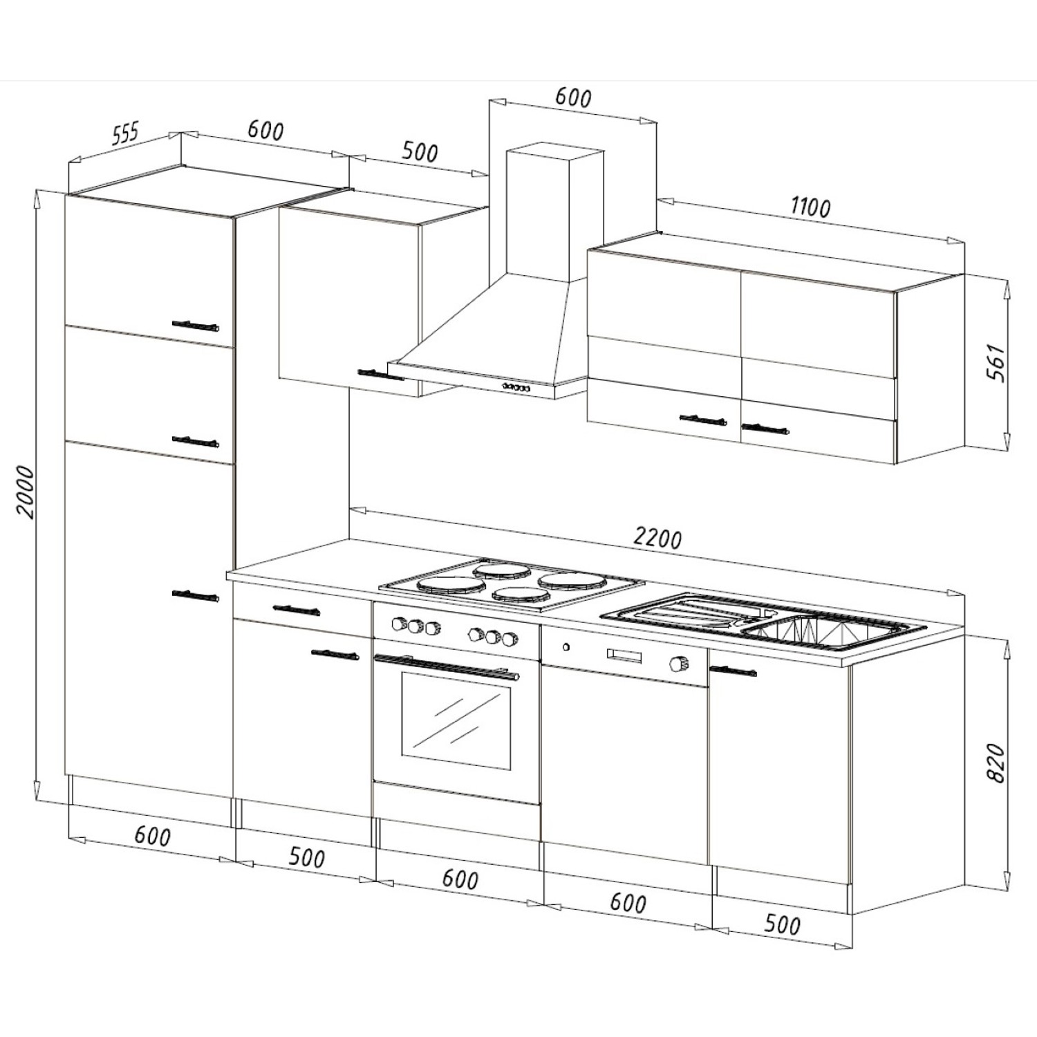 Skizze der Respekta Küchenzeile KB280ESSCGKE, 280 cm, in Schwarz und Eiche Sägerau Nachbildung mit Maßen.