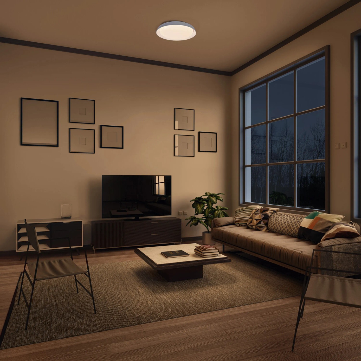 Ledvance Orbis Plate Sun@Home Smart+ Deckenleuchte (Ø 43cm) im Wohnraum mit aktivierendem Licht.