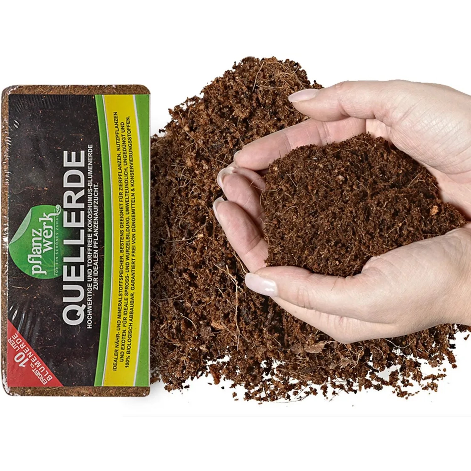 Pflanzwerk Quellerde: Kokoserde, torffrei, in Händen gehalten, mit Quelltablette im Hintergrund.