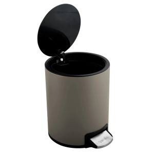 Spirella Kosmetikeimer Riku 3L in Taupe mit geöffnetem Deckel und Pedal.