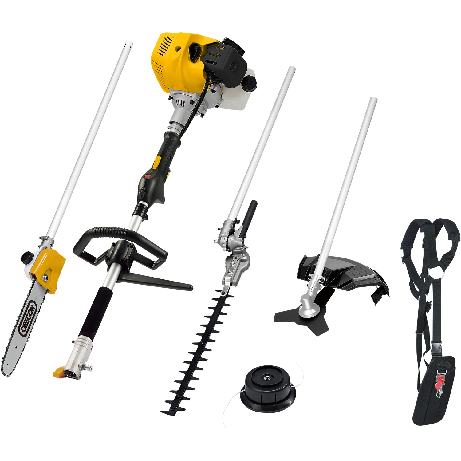 Texas Benzin-Multimaschine 4 in 1: Motorsense mit Heckenschere, Kettensäge, Trimmerkopf und 3-Zahn-Klinge.