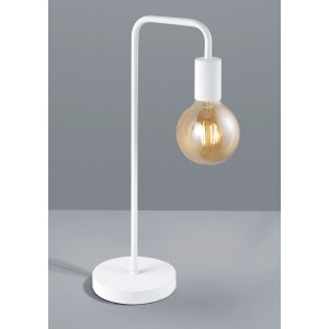 Weiße Schreibtischlampe Diallo im modernen Design mit E27 Fassung und rundem Fuß.