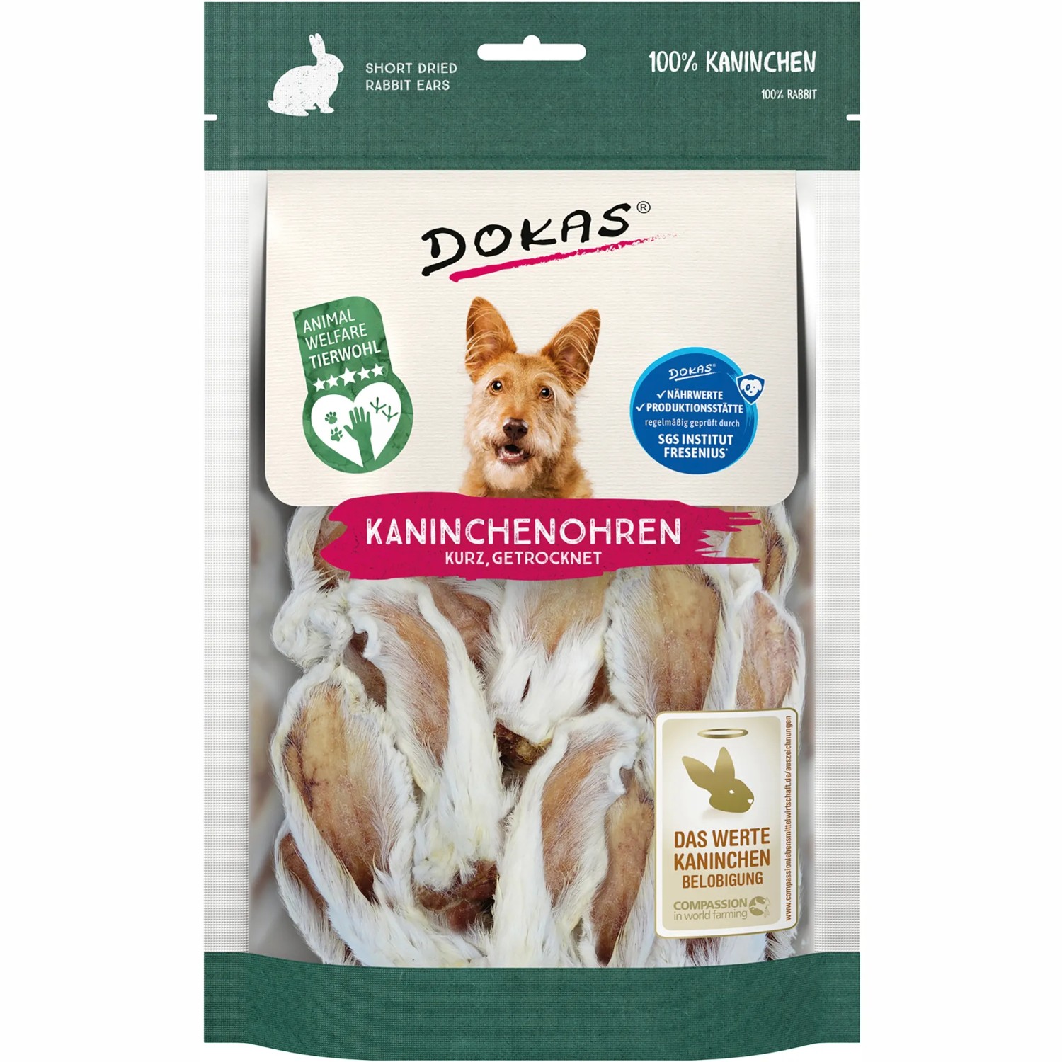 Dokas Kaninchenohren mit Fell, 100g, getrocknete Hunde-Natursnacks für Hunde.