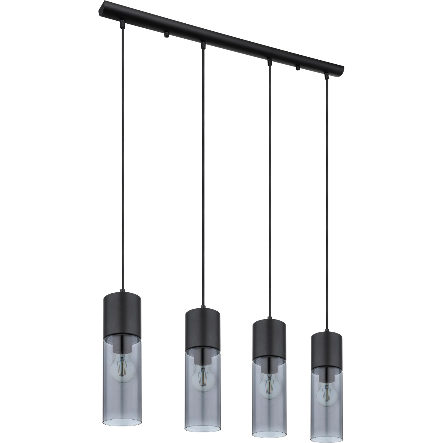 Schwarze, 4-flammige Globo Pendelleuchte Annika mit Rauchglas-Schirmen. Moderne Hängeleuchte für E27 Leuchtmittel.