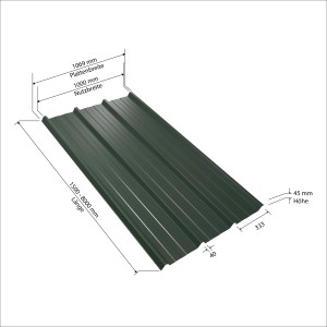 Weckman Trapezblech W45 in Nadelgrün, 1500x1069x0,5 mm, Detailansicht mit Maßangaben.