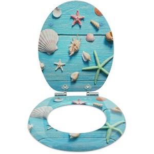 Sanfino WC-Sitz Blue Star: Toilettendeckel aus Holz mit Absenkautomatik und Seestern/Muschel Design.