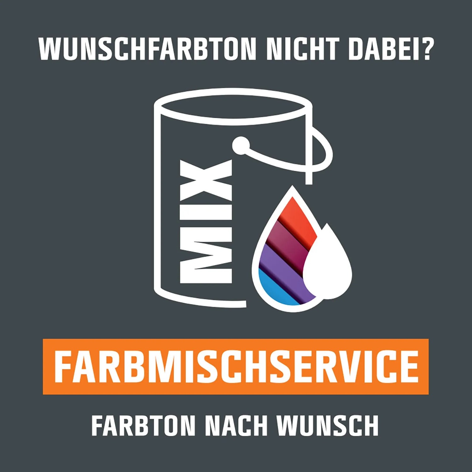 Symbolbild OBI Farbmischservice: Farbeimer mit Farbtropfen in Wunschfarben.