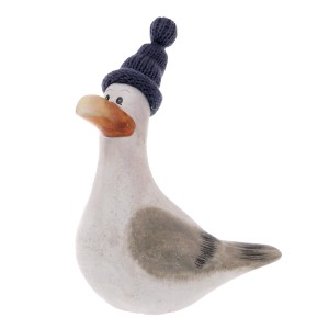 Deko-Figur Möwe Hinnerk mit blauer Pudelmütze, 18 cm, für maritime Dekoration.