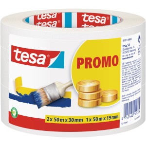 Tesa Malerband Promo, 3 Rollen: 2x 50m x 30mm, 1x 50m x 19mm. Universell einsetzbares Klebeband.
