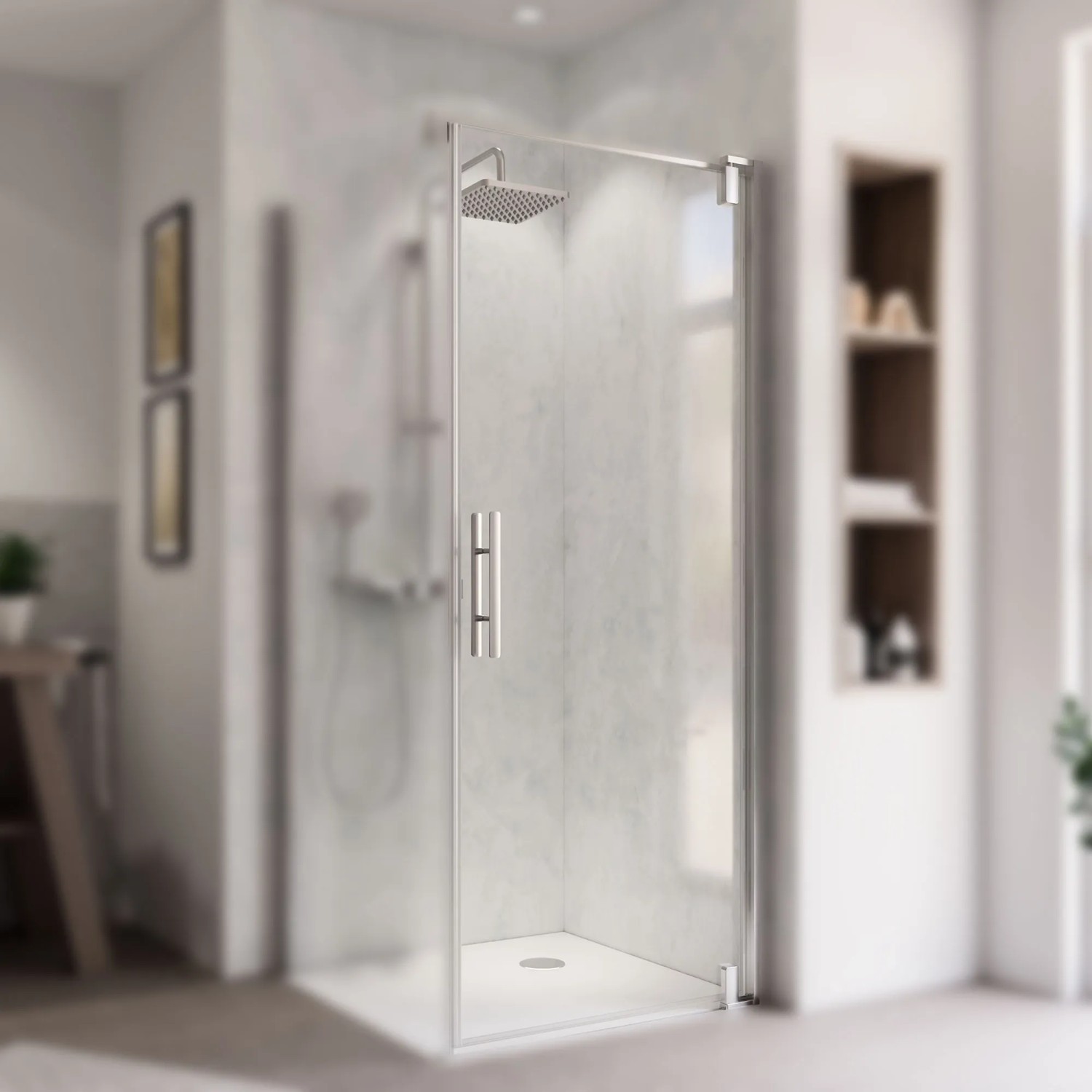 Breuer Drehtür rechts, Chrom/Klarglas, 90 cm, für Seitenwand Europa Design. Duschtür mit Hebe-Senkmechanismus.