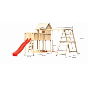 Karibu Stelzenhaus Frieda mit Doppelschaukel, Klettergerüst, roter Rutsche und Plattform.