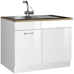 Held Möbel Spülenunterschrank Mailand, 110 cm, Hochglanz Weiß mit Edelstahlspüle.