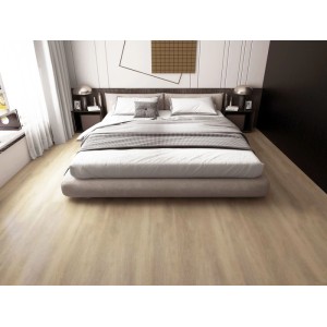 Klebe-Vinylboden Amedeo Oak in heller Holzoptik als Breitdiele im Schlafzimmer verlegt.