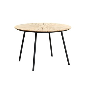 Runder Gartentisch Covina von Garden Pleasure, braune Holzplatte mit schwarzem Stahlgestell, Ø 110 cm.