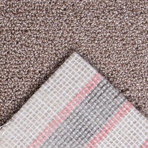 Andiamo Teppichboden Oslo, braun-beige, Schlinge, Meterware, Detailansicht der Struktur und Rückseite.