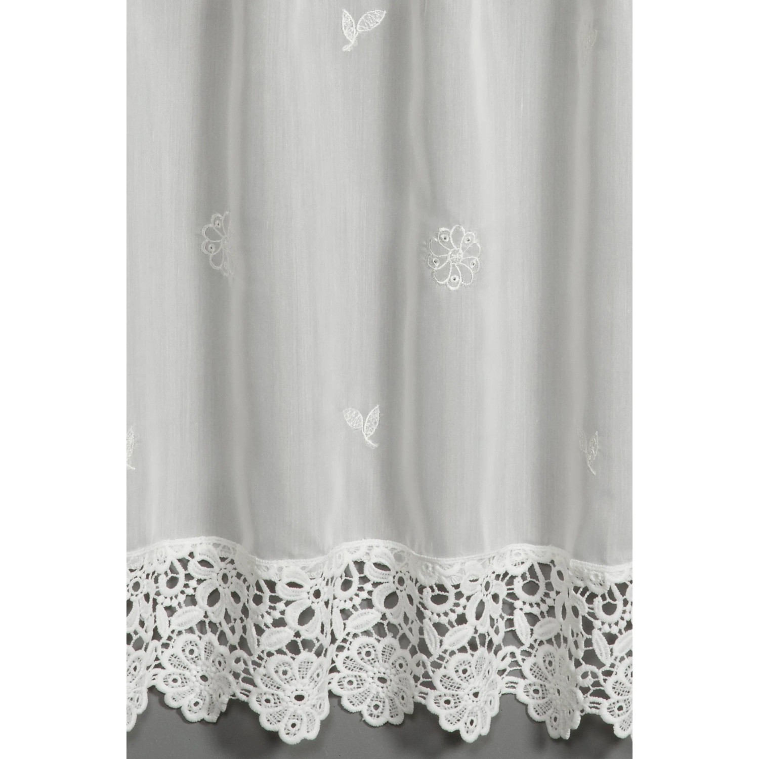 Naturfarbene Bistrogardine mit floraler Stickerei und Spitzenborte, 48x135 cm.