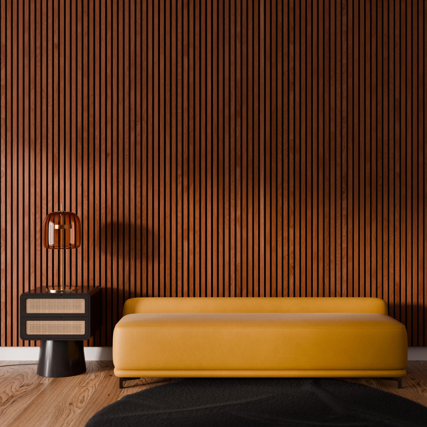 Akustikpaneel Wandverkleidung Walnuss geölt, montiert an einer Wand hinter einem gelben Sofa.
