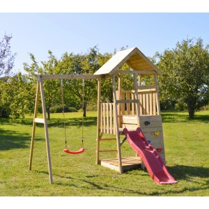 Wendi Toys Kinderspielturm Panda mit Rutsche, Kletterwand und Schaukel für Kinder ab 4 Jahren.