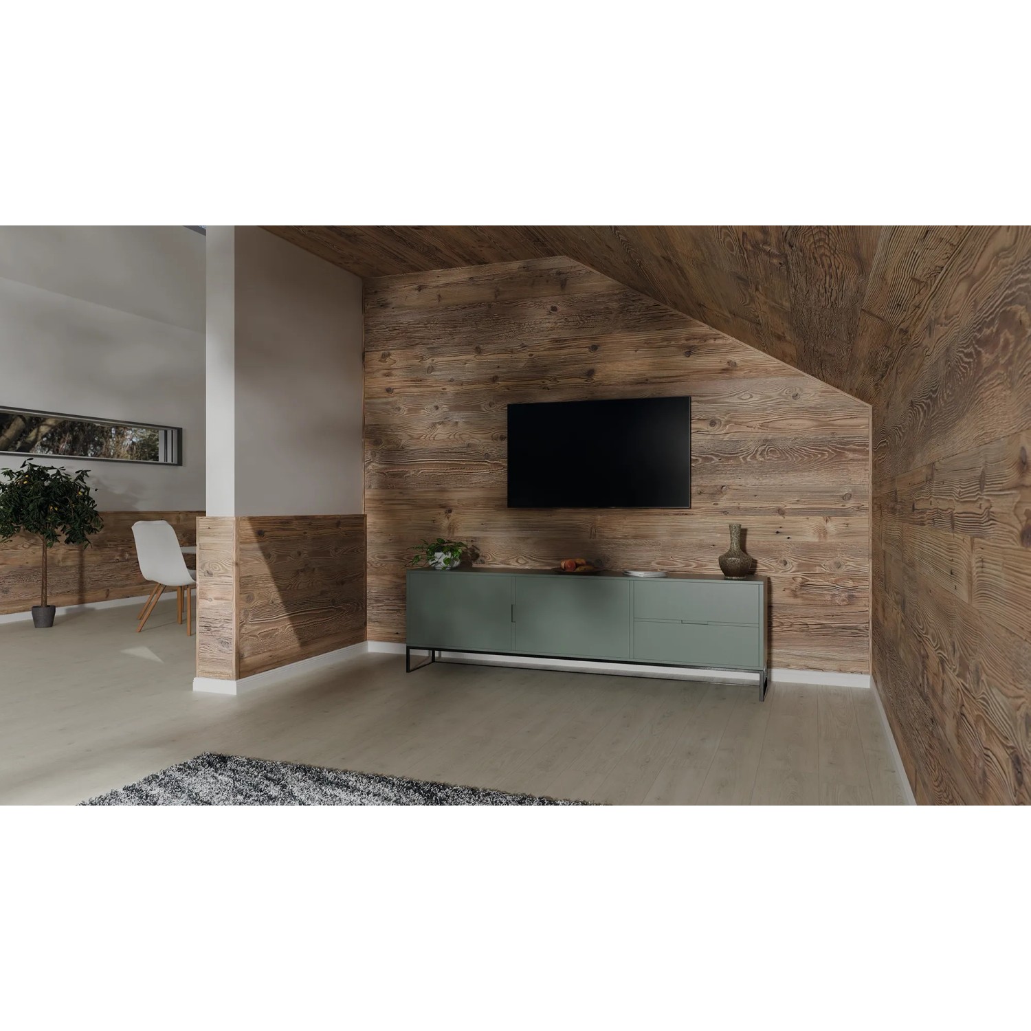 Wohnraum mit Egger Decowall Wandpaneelen in Fichte Natur und passender Abdeckleiste.