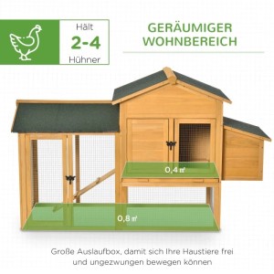 PawHut Zwerghühnerstall aus Holz mit grünem Dach, großem Auslauf und Nistkasten. Bietet Platz für 2-4 Hühner.