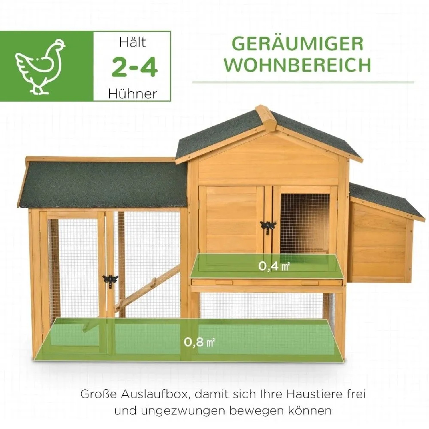 PawHut Zwerghühnerstall aus Holz mit grünem Dach, großem Auslauf und Nistkasten. Bietet Platz für 2-4 Hühner.