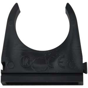 Schwarze E2 Klemmschelle, 25 mm, zur Befestigung von Leerrohren.