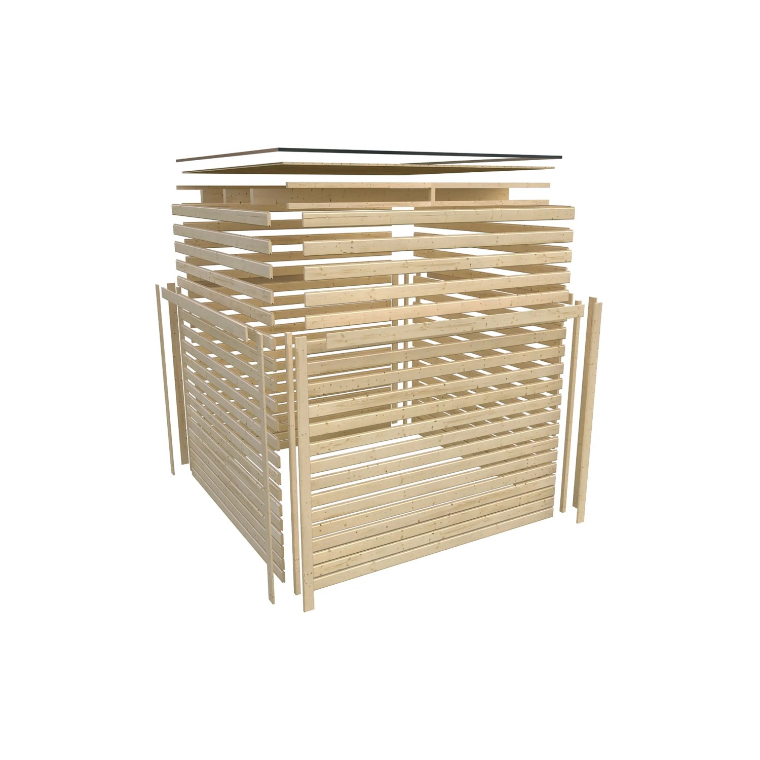 Explosionszeichnung Karibu Saunahaus Seros 3 in Anthrazit/Graualuminium, zeigt die einzelnen Bauteile.