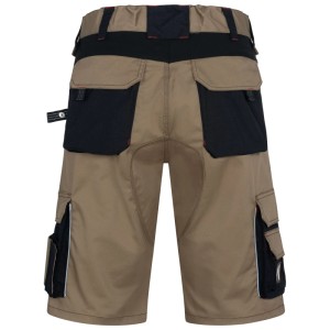 Nitras kurze Arbeitshose Motion Tex Pro FX Khaki-Schwarz, Rückansicht mit robusten Taschen und Reflexstreifen.