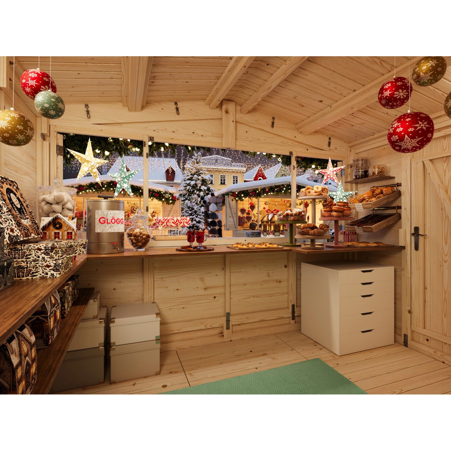 Palmako Marktstand Marian, klappbar, 298x228 cm, naturbelassen, mit Tresen und Regalen, für Weihnachtsmarkt.