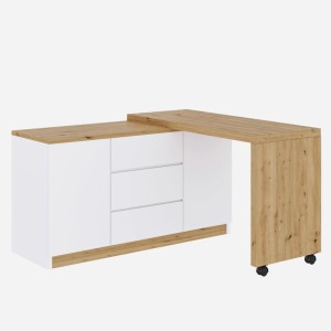 Weißer Eckschreibtisch mit naturfarbener drehbarer Platte, 2 Türen, 3 Schubladen und Rollen.