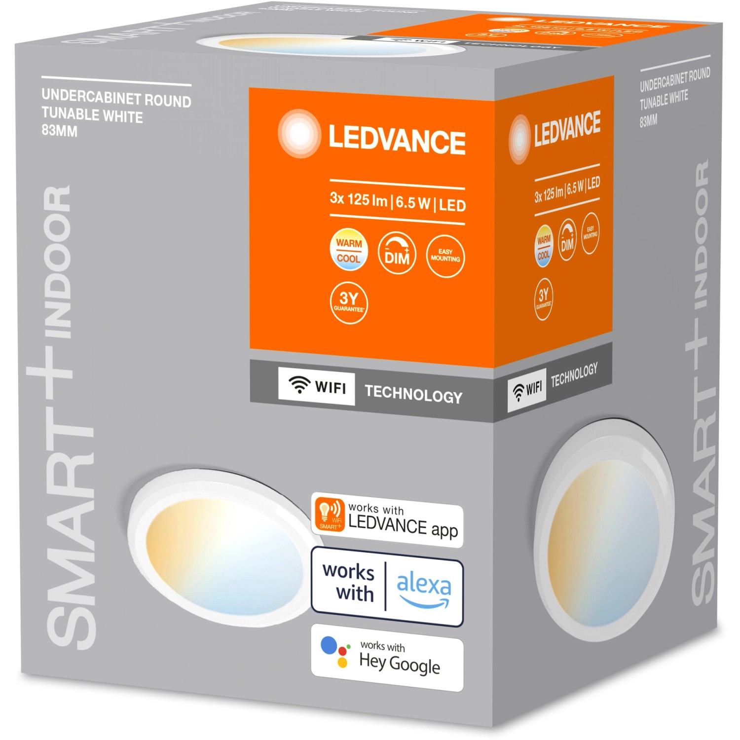 Verpackung der runden Ledvance Smart+ WiFi Unterbauleuchte, dimmbar und tunable white.