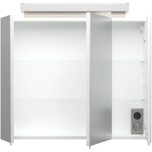 Offener Posseik Spiegelschrank, 75 cm breit, weiß, mit Softclose und Aufsatzleuchte.