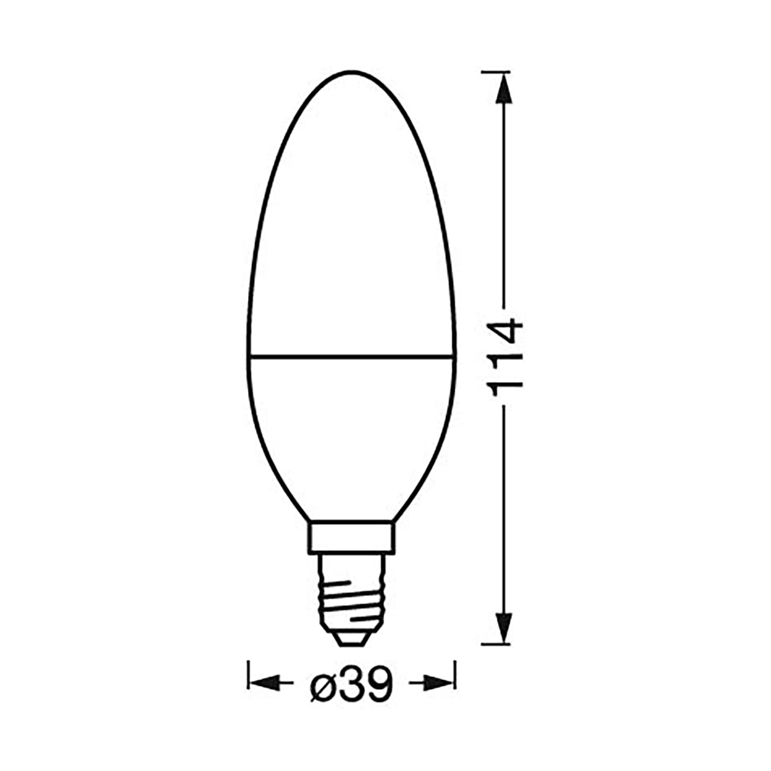 Technische Zeichnung: Ledvance LED Sun@Home Smart+ Kerzenform, Ø 3,9 cm, Maße der smarten Glühbirne.