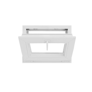 Weißes Quadroform Kellerfenster Basic, 60x45 cm, in Kippstellung für Belüftung.