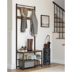 Songmics Garderobenständer Dacey mit Schuhbank, Haken, braun-schwarz, mit Schuhen, Jacke, Hut und Schirm.