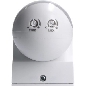 Weißer LED Aufputz-Bewegungsmelder 180° IP54 mit Einstellknöpfen für Zeit und LUX.