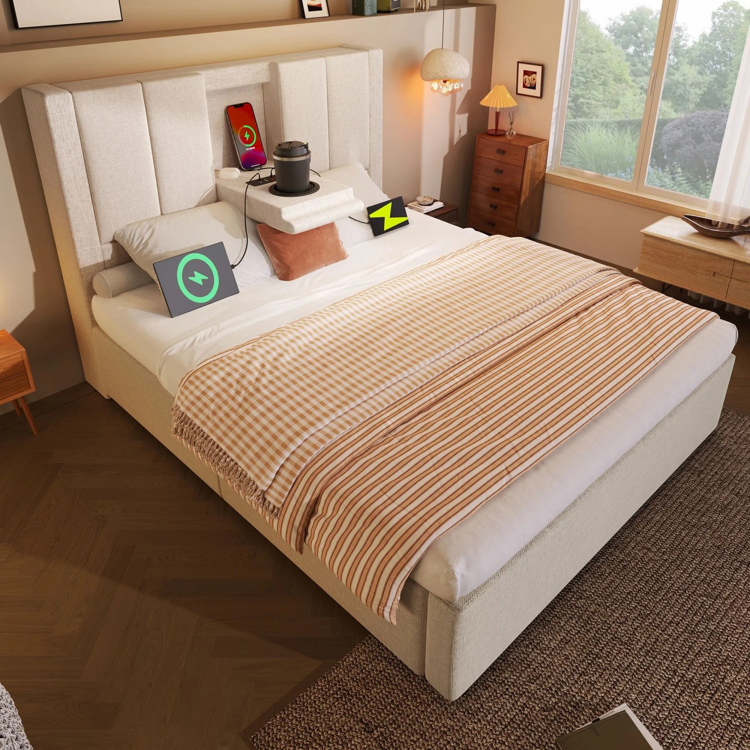 okwish Polsterbett 90x200cm mit Becherhalter Kinderzimmer Beige ohne Matratze_3