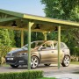 Weka Einzelcarport 611 mit Satteldach und Auto. Holzkonstruktion mit robusten Pfosten. Ideal für PKW, Motorrad oder Fahrrad.