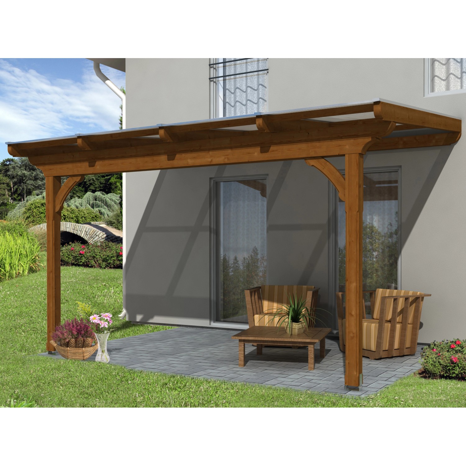 Skan Holz Terrassenüberdachung Ravenna, 434x250 cm, Douglasie Nussbaum, mit klarem Polycarbonatdach.