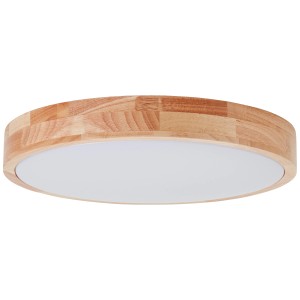 Helle, runde LED-Deckenleuchte Slimline mit Holzrahmen (Ø 39cm) und weißem Lampenschirm.