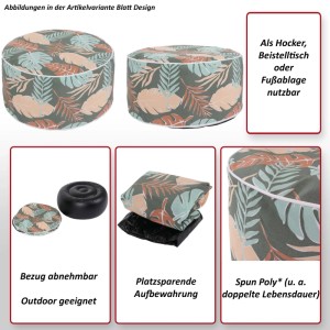 MCW Sitzhocker G31 mit Blattmuster, als Gartenstuhl, Hocker, Beistelltisch und Fußablage nutzbar.