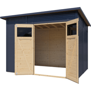 Bertilo Gerätehaus Pent Modern 4, anthrazit, mit geöffneten Doppeltüren. Weekendhaus aus Holz.