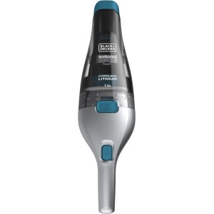 Black+Decker NVC215WA Akku-Handstaubsauger, silber/blau, mit transparentem Staubbehälter.