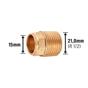 Löt-Übergangsnippel aus Rotguss, 15 mm x 21 mm (R 1/2), für Kupferrohre.