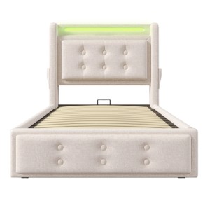 okwish Polsterbett 90x200cm mit LED Kopfteil USB Ladefunktion Jugendzimmer Beige mit Matratze