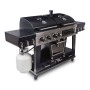 Pit Boss Memphis Ultimate Kombi-Grill: Gas-, Holzkohle- und Smoker-Funktion, schwarzes Design mit Gasflasche.