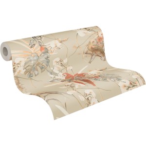 A.S. Création Vliestapete mit tropischen Vögeln in Orange und Beige.