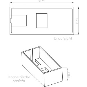 Technische Zeichnung Ottofond Wannenträger Atlanta 190x90 cm, Draufsicht und isometrische Ansicht mit Maßen.